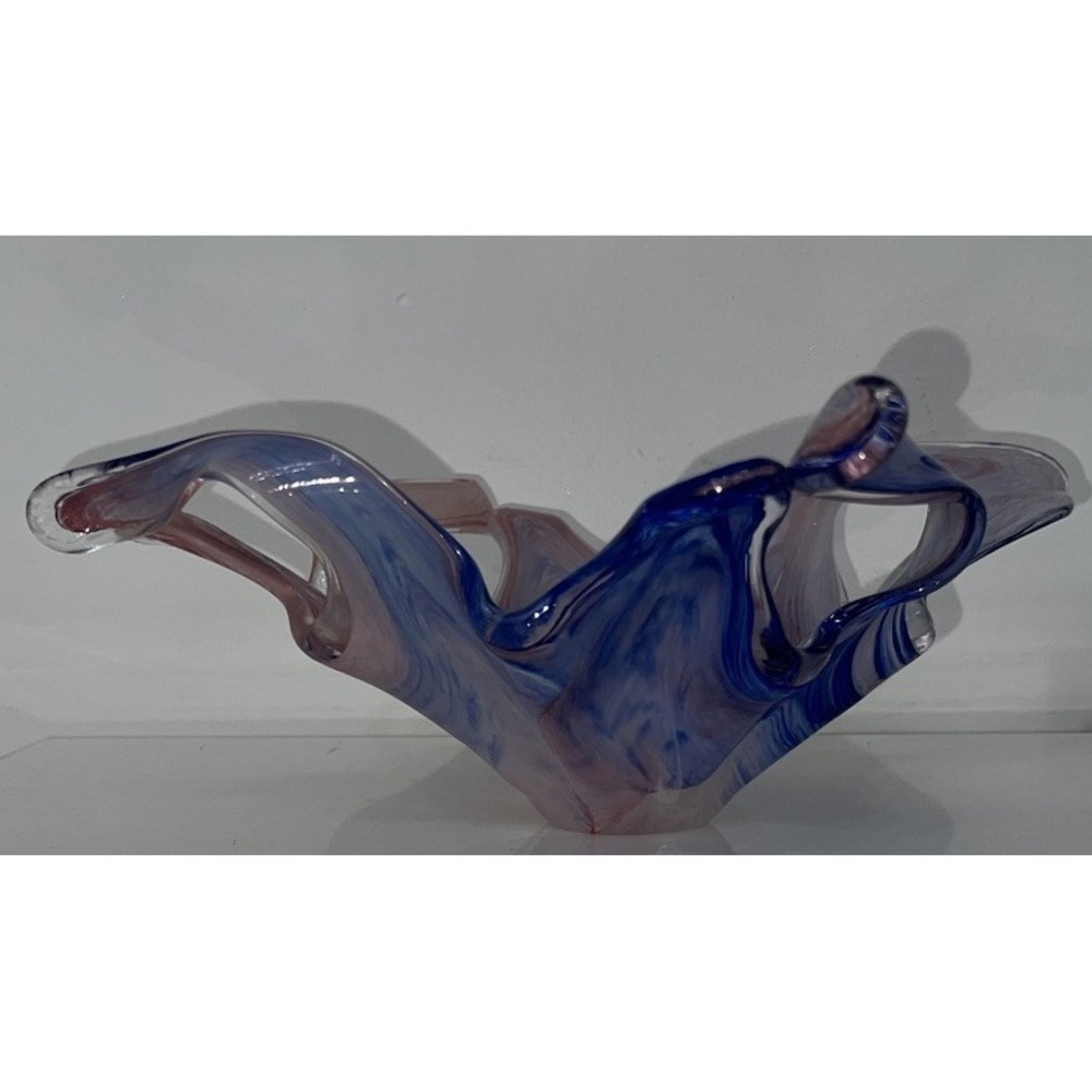 (5)Murano Lavorazione Arte Pink Blue Art Glass Basket Blown Vintage